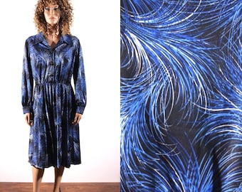 Vintage Blue Abstract Dress / Long Sleeve Midi Dress / 80s Blue Dress / Waisted Dress / Medium Large Dress / Boho Bohemian Dress / Dress L
