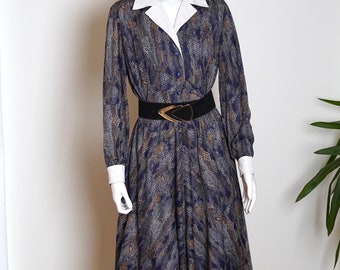 Vintage 80s Snake Print Midi Dress: Blue Collared Polyester