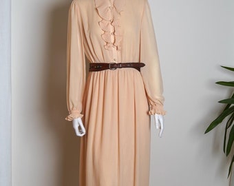 Vintage 80s Beige Pleated Midi Dress: Long Sleeve Polyester