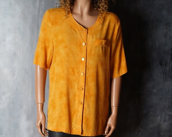 90s Abstract Viscose Blouse: Vintage Orange Button-Up Shirt
