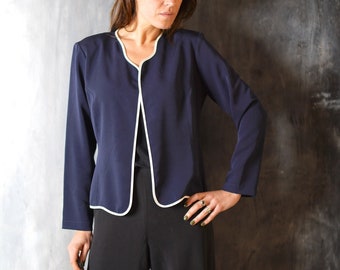 90s French Blazer / Vintage Women Dark Blue Jacket Vicky-Valerie/ Classic Style Blazer / Buttonless Jacket / Blue Women Classic Solid Shirt