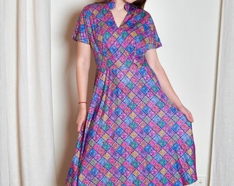 Vintage Pavane PARIS Dress: 80s Pastel Geometric Floral Pleated Dress