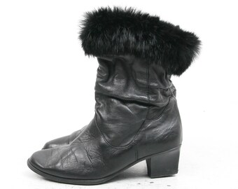 80s Genuine Leather Booties Women Ankle Boots Salamander Size 39 Boots Black Leather Boots With Faux Fur Vintage Flat Ankle Booties