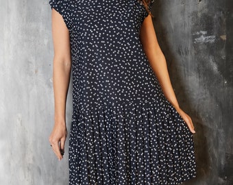 80s Blue Floral Pleated Midi Dress - Vintage Sleeveless Summer Style