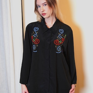 Vintage Black Silk Embroidered Blouse 90s Woman Long Sleeve Button Up Shirt/  Silk Shirt With Abstract Ornaments / Classic Black Top