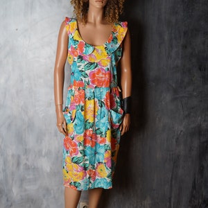 Vintage Bohemian Multi Colourful Floral French Dress / 80s French Dress / 80s Summer Dress / Size 42 Dress / XL Summer Dress With Pockets