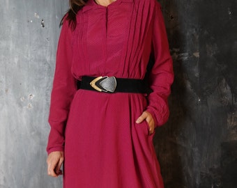 Vintage Betty Barclay Kleid: 80er Jahre Bordeaux Polyester Langarm Kleid