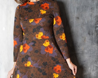 70s Floral Mini Dress: Vintage Lapidus Brown Bohemian Retro