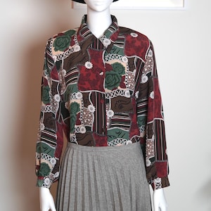 Vintage Floral Blouse / Colourful Floral Top / 90s Loose Fit Blouse / Boho Bohemian Blouse / Long Sleeve Woman Shirt / Brown Green Blouse