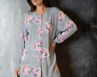 Vintage 90s Viscose Blouse: Grey Abstract Floral Print, Size M