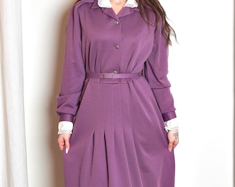 Vintage 60s Purple Midi Dress: Belted Fit & Flare with Lace Collar