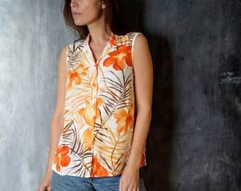 90s Vintage Floral Blouse: Sleeveless Summer Top, Large