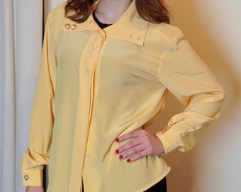 Blusa vintage Reichart amarilla clara de los años 90: Top de poliéster de manga larga