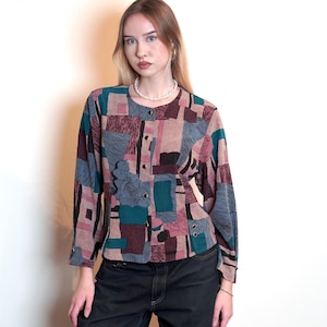 90s Woman Abstract Blouse / Floral Pastel Colored Long Sleeve Shirt  / 90s Casual Wear Top / Button Up Colourful Geometric Shirt Large