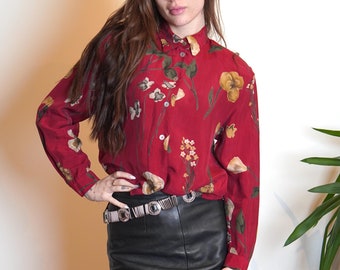 90s Vintage Floral Cupro Blouse: Bohemian Burgundy Long Sleeve Shirt