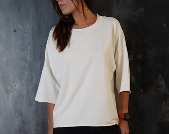 Oversized White Cotton Sweatshirt: Kimono Sleeve, Gender Neutral Top