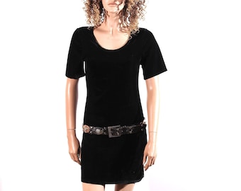 Vintage Black Velvet Mini Dress / Black Minimalist Dress / Medium Dress / 90s Bodycon / Party Dress / Casual Simply Dress / Classic Dress