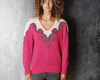 Vintage Beaded Pink Pullover Sweater: 80s Knitted Angora Blend