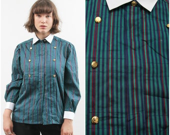 Multicolored Short Sleeve UK 14 Vintage Mario Rosella Navy Blue Hidden Button Front Blouse