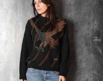 Vintage Black Sweater With Embroidered Leather Eagle Applique / Casual Land Sweater / Vintage 80s Medium Sweater / Black Sweater M