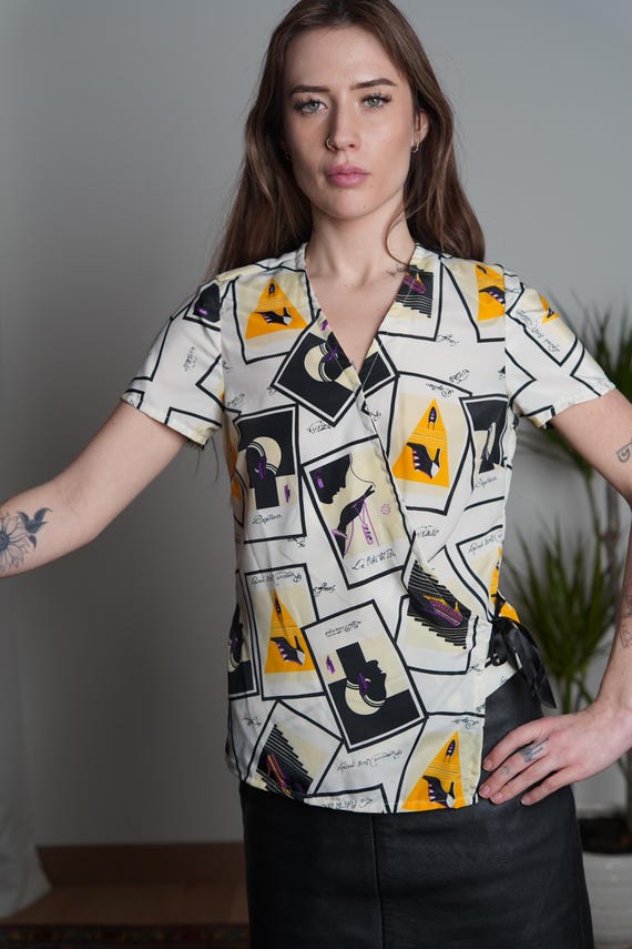 Vintage 90s French Face Print Blouse: Abstract Pa… - image 4