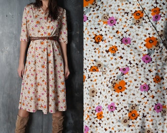 Vintage Lacella Dress / 80s White Floral Dress / Short Sleeve Below Knee Dress / Bohemian Flared Dress / Boho Dress / Casual Summer Dress