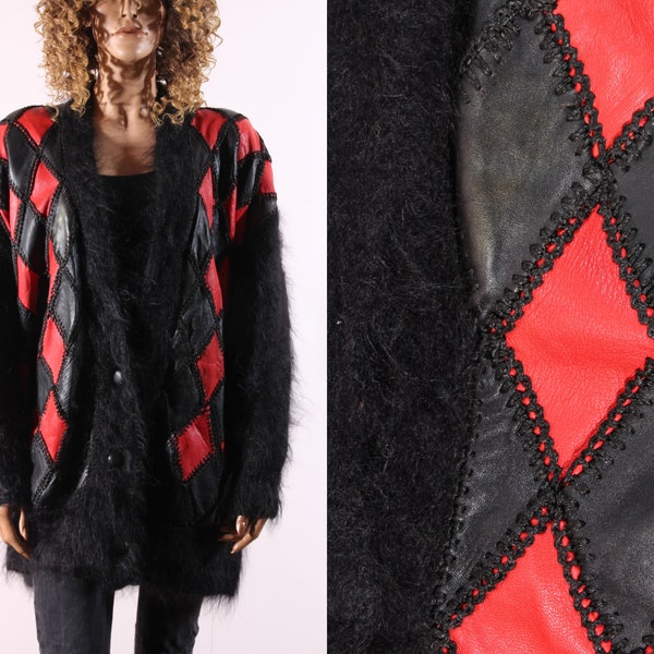 80s Black Red Mohair Cardigan / Leather Cardigan / Women Cardigan / Rhombus Cardigan / Long Cardigan  Sweater/ One Size Oversized Cardigan