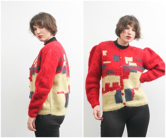 Vintage Red Yellow Cardigan / Geometric Bohemian C