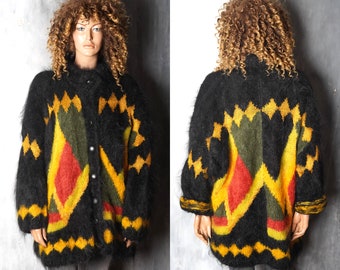 Vintage Women Mohair Colourful Winter Cardigan / 80s Button Up Cardigan /Vintage Cardigan /Geometric Mohair Sweater /Oversized Long Cardigan