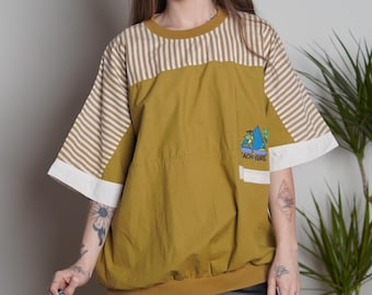 Vintage 90s Mustard Yellow Cotton Mix Blouse/ Beach Girl Patch Striped Sleeves Top/ Loose Fit Half Sleeve Top/ Tunic Baggy Front Pocket Top