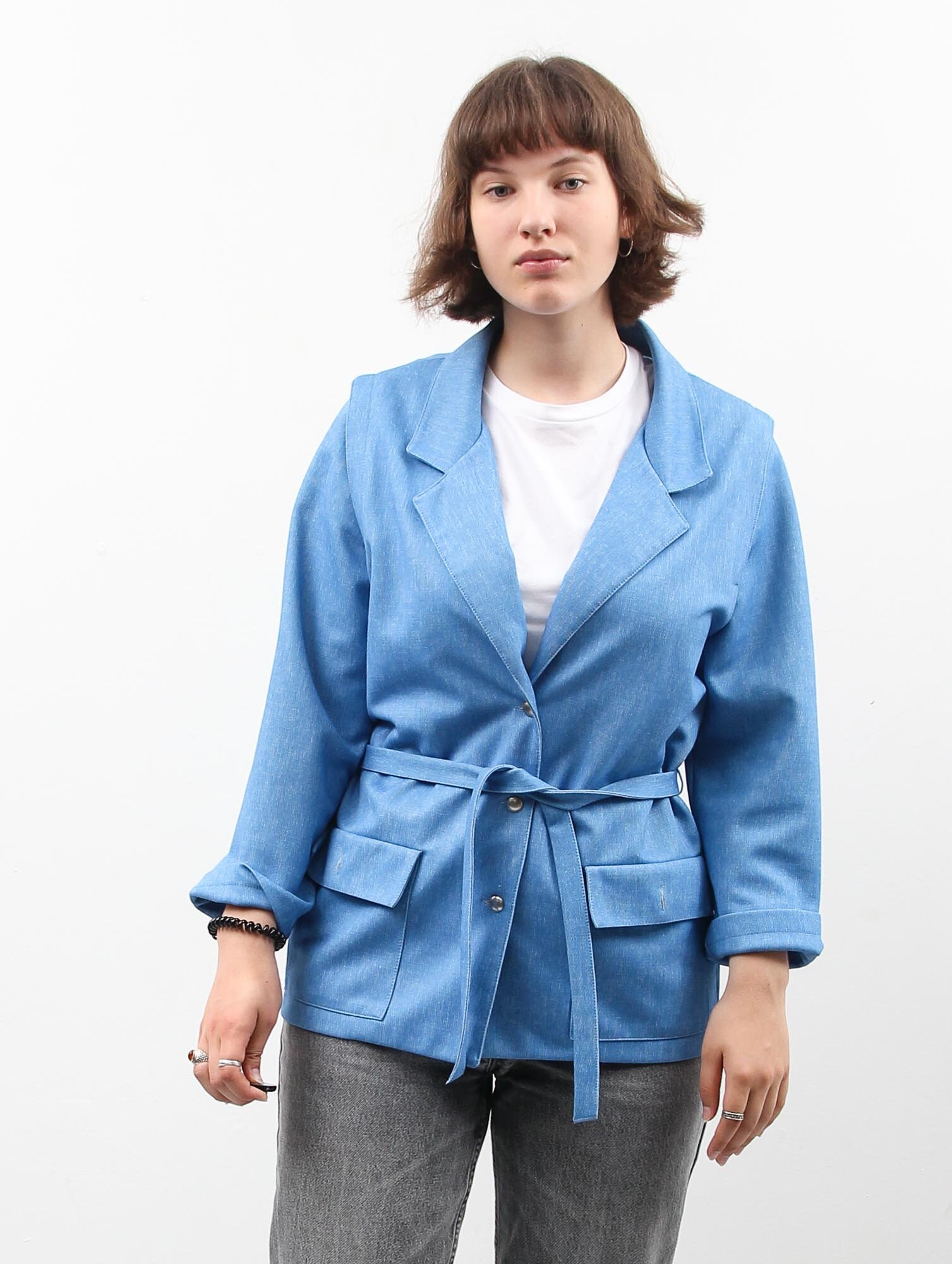 Vintage Blue Jacket / Women Button Up Jacket / Belted Blue | Etsy