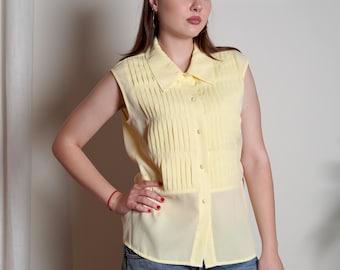 90s Gelbe Plissee Ärmellose Bluse: Vintage Bluse mit Knöpfen (L)
