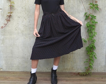 Vintage Silk Skirt: dotted high waist below knee flared Lady Boss M L