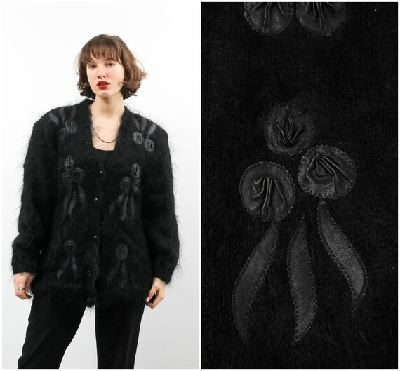 Vintage Black Cardigan With Leather Details / 90s