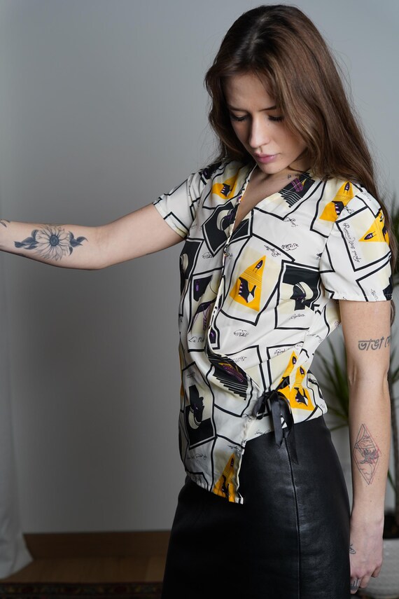 Vintage 90s French Face Print Blouse: Abstract Pa… - image 5