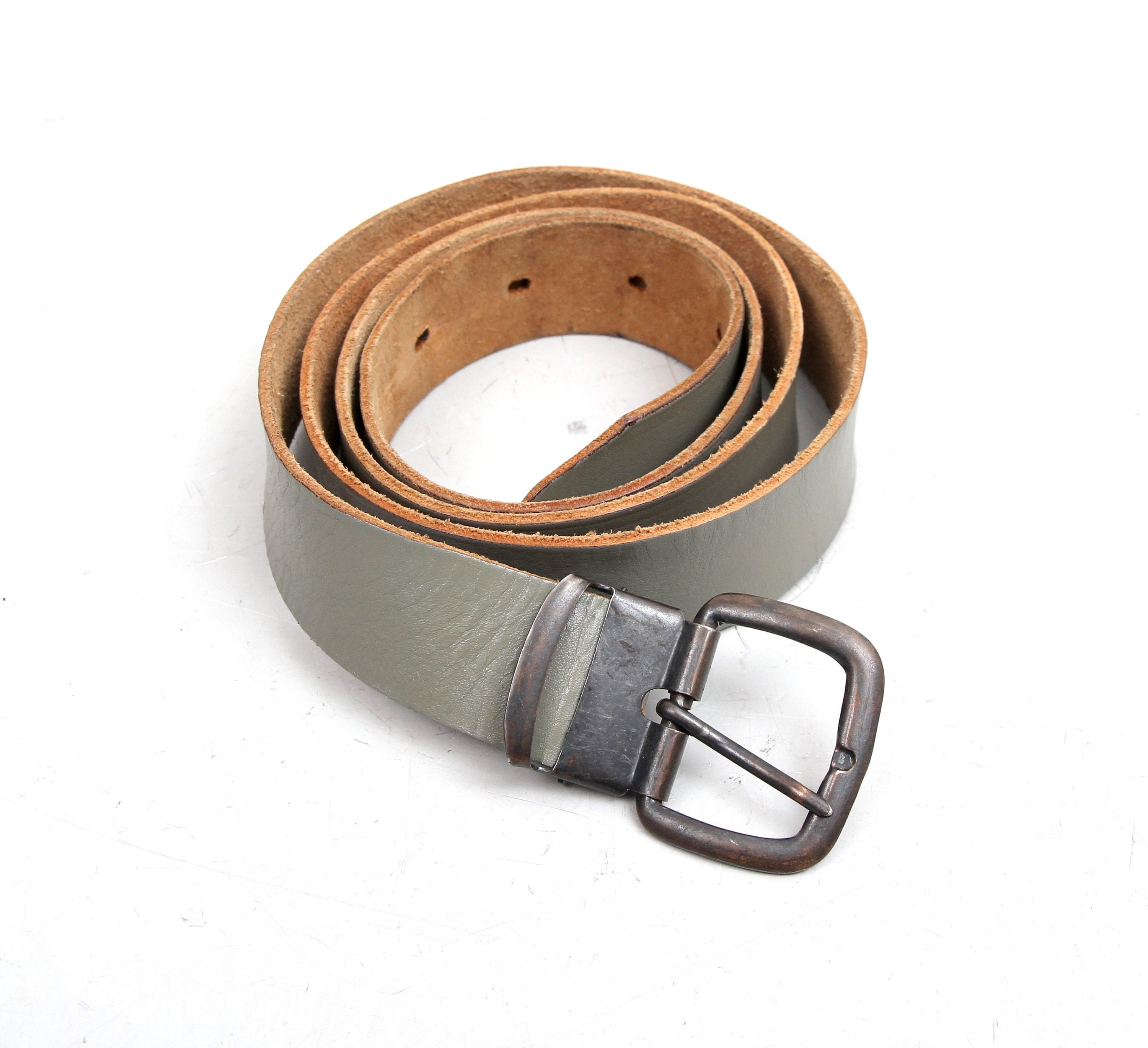 Vintage Grey Genuine Leather Belt / Khaki Leather Belt / Men Etsy