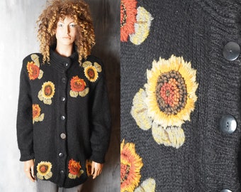 Bibo Cardigan / Vintage Women Black Floral Embroidered Cardigan / Black Mohair Cardigan / 80s Black Winter Sweater / 80s Women Sweater