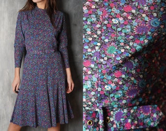 80s Floral Dress / ARA Modell Dress Made in West Germany / Vintage Midi Dress / Long Sleeve Dress / Blue Floral Abstract Dress Bohemian