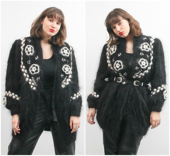 Vintage Black Mohair Cardigan / Extra Large Embroi