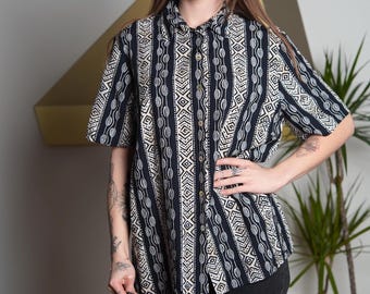 Vintage 90s Tribal Blouse: Black & White Geometric Button-Up