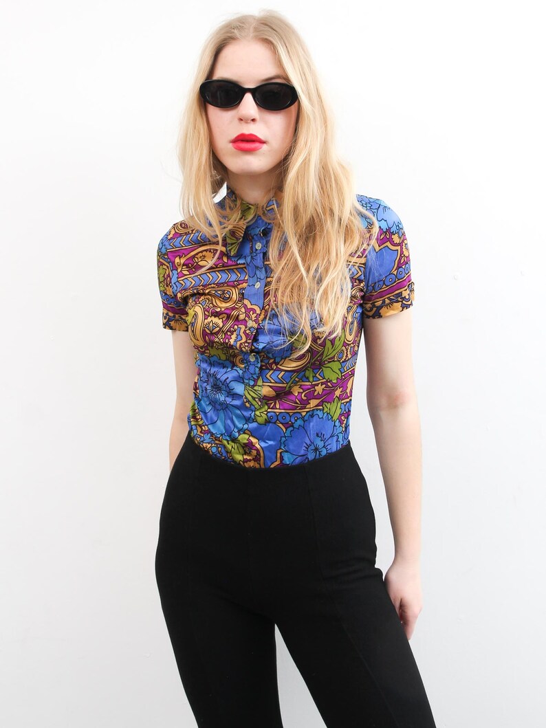 Vintage Romeo Fashion Top Small 90s Top Floral Print Short Sleeve Shirt Colorful Bohemian Top Button Up Collared Shirt Boho Top