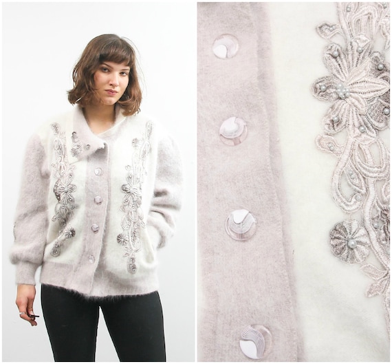 Vintage Button Up Cardigan / Angora Wool Cardigan