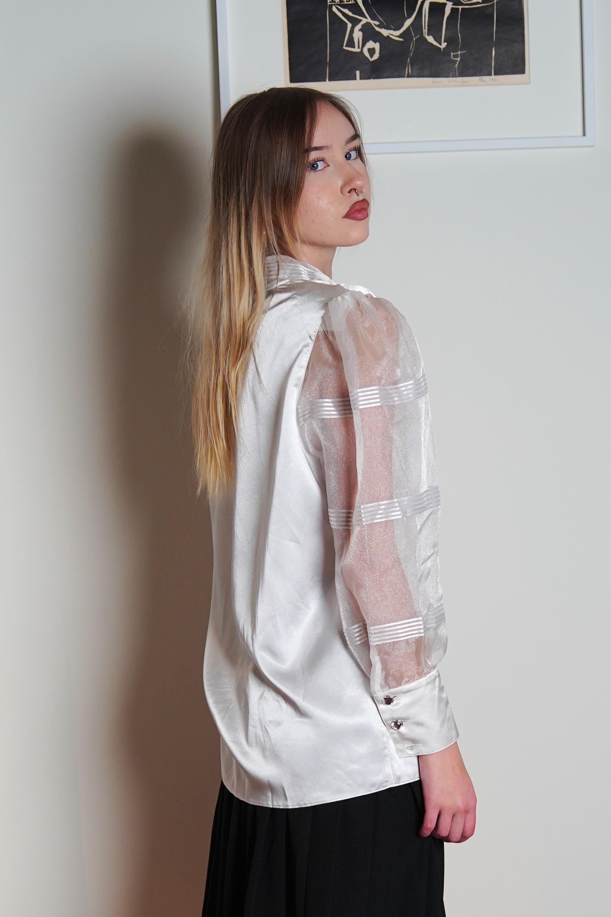 90s Vintage Satin Blouse: White Sheer Sleeve Button-up - Etsy