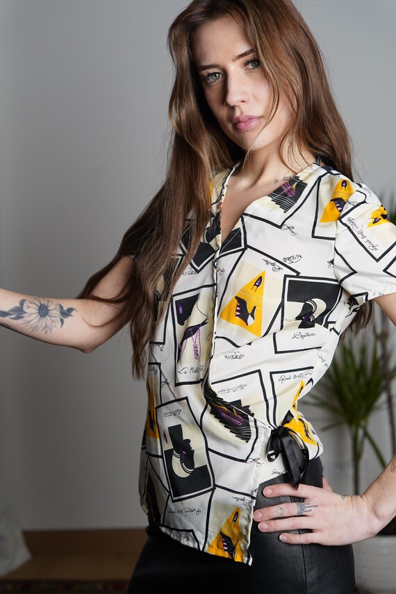 Vintage 90s French Face Print Blouse: Abstract Pa… - image 9