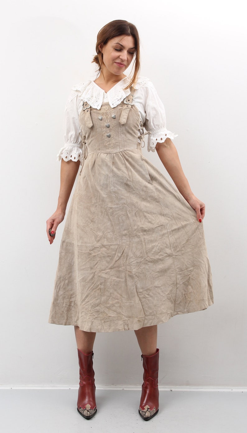 Vintage Beige Suede Leather Dress Landhaus Trachten Dress Dirndl Suede Dress Lace Up Dress Austrian Dress Folk Bavarian Dress