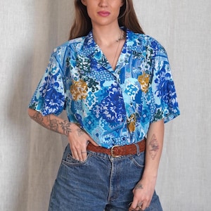 Vintage Blue Abstract Button Up Summer Blouse / Vintage C and A Blouse XL / 90s Short Sleeve Loose Fit Blouse / Woman Floral Collared Top