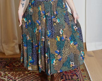 Vintage Modelle Floral Skirt / 90s Large Boho Skirt / Midi Summer Skirt/ High Waist Flowy Circle Peasant Style Festival Skirt / Flared Skirt