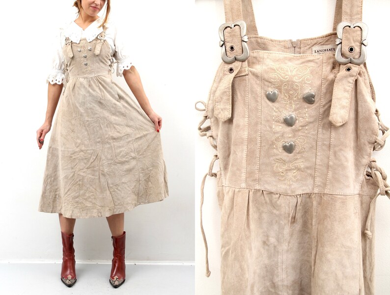 Vintage Beige Suede Leather Dress Landhaus Trachten Dress Dirndl Suede Dress Lace Up Dress Austrian Dress Folk Bavarian Dress