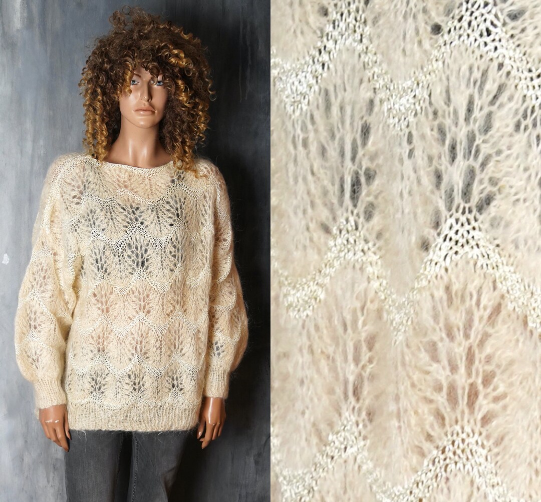 Hand Knitted Beige Women Sweater / Vintage Beige Sweater / Transparent Sweater / Bohemian Boho ...