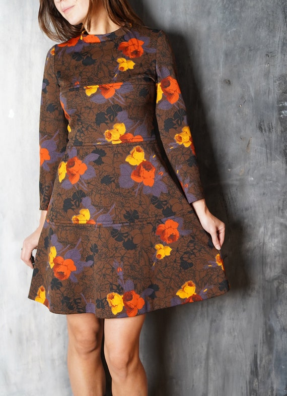 70s Floral Mini Dress: Vintage Lapidus Brown Bohemian Retro